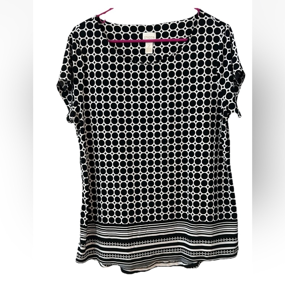 Chico’s Size 2 Large Black White Dot Short Sleeve Business Casual Chic